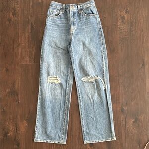 LEVI'S DENIM JEANS HIGH WAIST STRAIGHT LEG LIGHT BLUE WASH DISTRESSED RIPPED